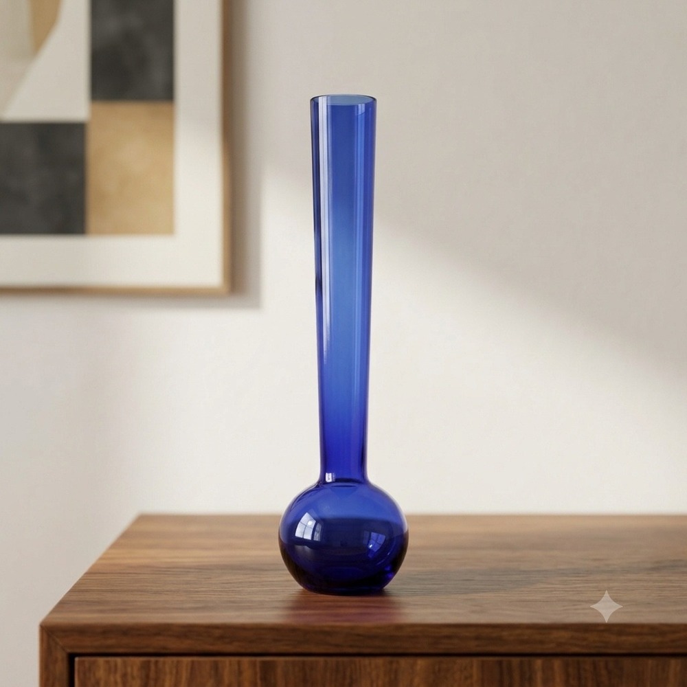 Vintage Hand Blown Cobalt Blue Art Glass Bud Vase Orb Ball Base Studio Glass